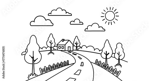 Scenic landscape with road leading to house, trees, clouds, and sun