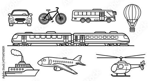 Various modes of transportation including car, bicycle, bus, train, airplane, ship