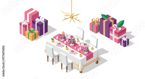 Elegant isometric dining room with festive gifts and floral table setting