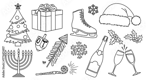 Festive holiday icons, including christmas tree, gifts, menorah, champagne, and more