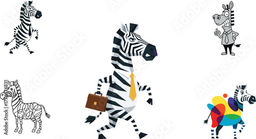 Cartoon zebra characters, business zebra, coloring page zebra, abstract zebra art, vector illustration, flat style, isolated white background