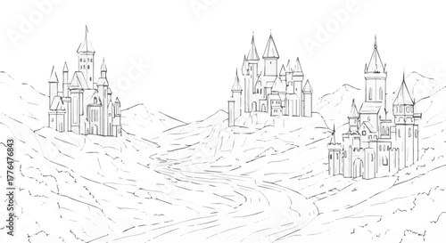 Fantasy castles perched atop rolling hills in a whimsical landscape