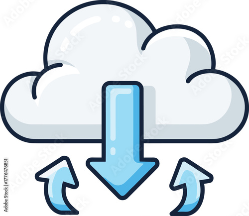 Cloud data transfer icon, upload and download arrows, digital storage symbol, internet service graphic, cad drawing flat vector illustration, computing concept