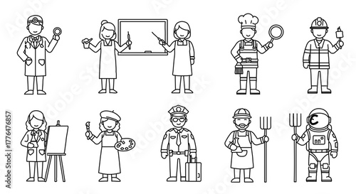 Line art illustration of diverse professions, showcasing a variety of occupations