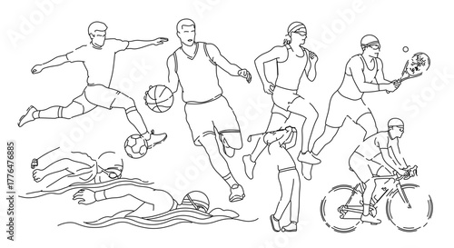 Outline drawing of various sports figures, including soccer, basketball, running, and swimming