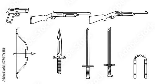 Collection of various weapons in outline drawing, including gun, bow, sword, and nunchaku