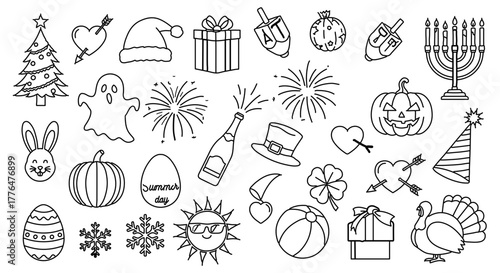 Collection of holiday and celebration icons festive symbols for various occasions