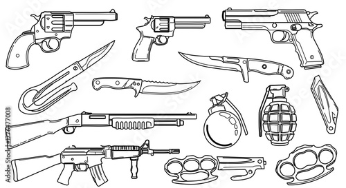 Collection of dangerous weapons including guns, knives, grenades, and brass knuckles