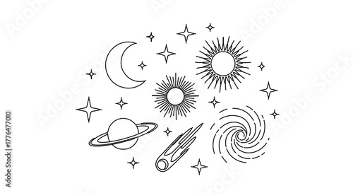 Celestial bodies and cosmic elements in a minimalist line art style