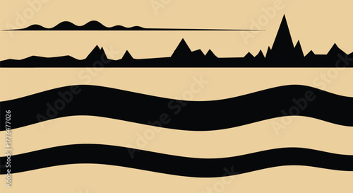 Abstract landscape with undulating lines and mountain silhouettes against a muted background