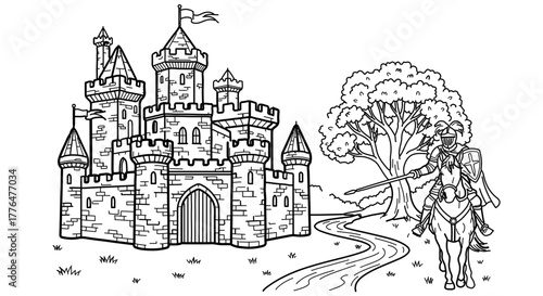 Medieval castle and knight, fantasy landscape with fortress and warrior on horse