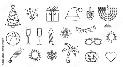 Set of twentyone hand drawn holiday icons, including christmas, hanukkah, and new year