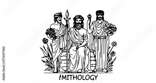 Mythology illustration, depicting ancient gods and symbols in a classic style