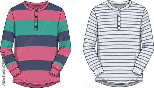 Henley shirts, striped pattern, long sleeve, casual wear, fashion illustration, menswear design, vector style, apparel mockup, textile concept, trendy outfit