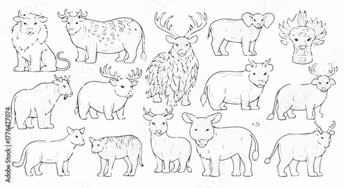 Collection of various fantasy animals, including deer, bull, and other creatures