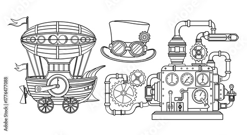 Steampunk airship, hat, and machine, perfect for coloring book pages
