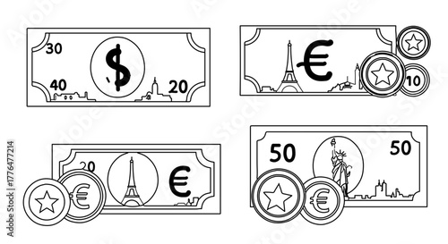 Outline illustration of dollar and euro bills with coins concept of money