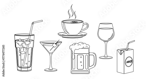 Outline drawing of various drinks in glasses and cups