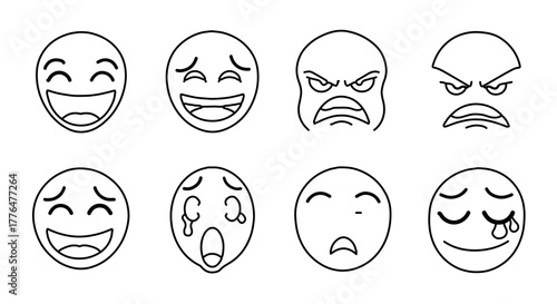 Collection of eight different hand drawn emoji faces with various expressions