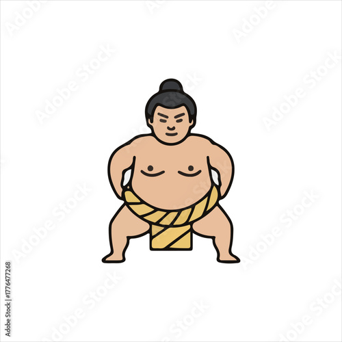 Illustration of a sumo wrestler in a traditional mawashi belt, standing in a ready stance with a topknot hairstyle.