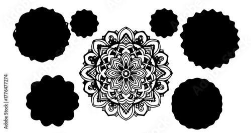 Black and white mandala with decorative shapes