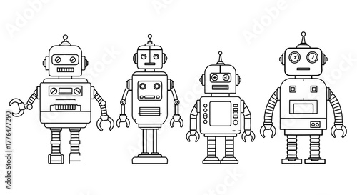 Four cute robots with different designs, a fun and playful illustration
