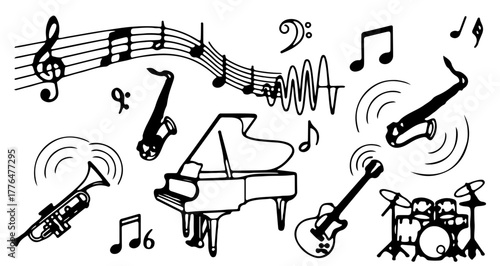 Music instruments, a lively illustration with piano, saxophone and guitar