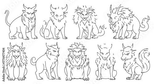 A collection of mythical creatures with horns and fierce expressions