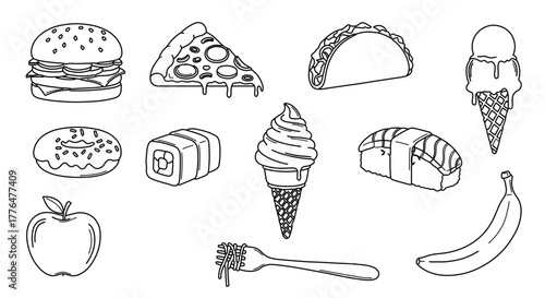 A variety of fast food items are depicted in a simple line drawing