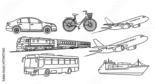 Collection of various transportation vehicles in a vintage engraved illustration style