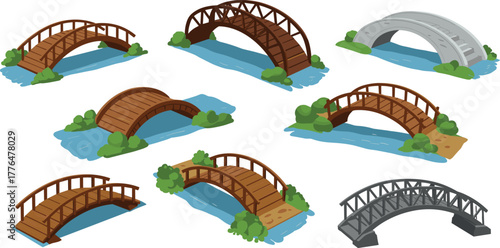 Cartoon bridge design set with varied structures, materials, and water scenes, vector illustration for architecture and engineering concept