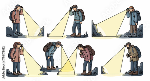 Man using binoculars in nature, multiple views