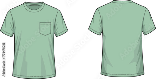 Light green t-shirt, front and back view, chest pocket, short sleeve, crew neck, casual wear, blank apparel, fashion mockup