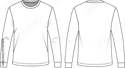Long sleeve crew neck shirt flat sketch, fashion technical drawing, apparel design template, vector garment outline, front and back view