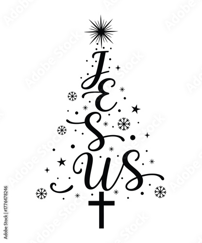 Christian Jesus Christmas Tree Typography with Cross and Snowflakes Religious Holiday Design