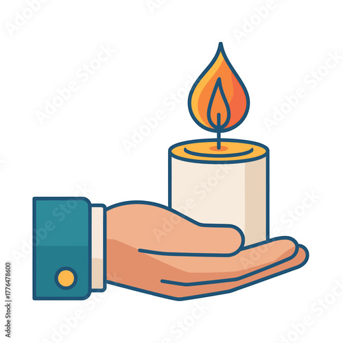 Illustration of a candle with a burning flame held gently in a human hand creating a sense of warmth and hope