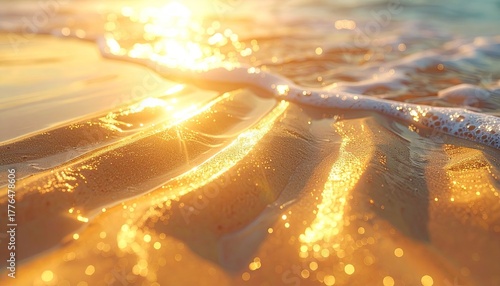 Golden Hour Beach Sunset With Palm Tree Silhouettes Glowing Sky Soft Ocean Waves Washing Over Rippled Sand Sparkling Light Reflections
