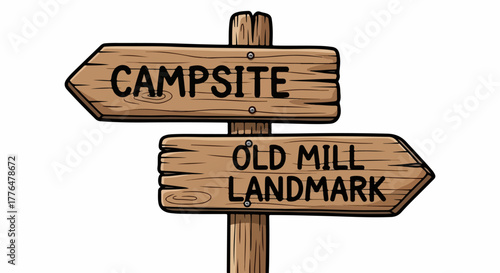 Wooden signpost campsite and old mill landmark