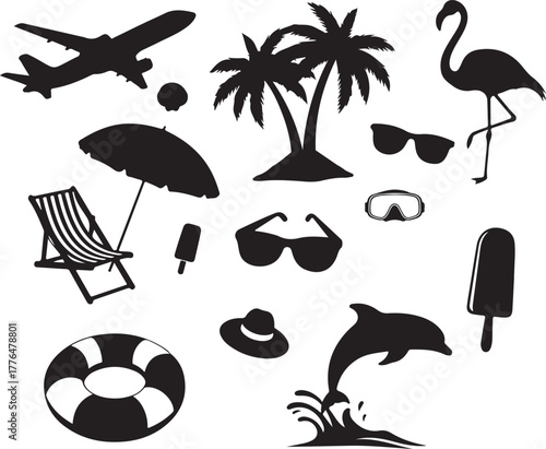 set of summer silhouette vector, summer icons set, summer vacation silhouette, beach and travel, palm trees, waves, surfboards, flamingos, vector illustration