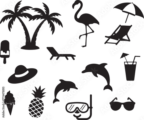 set of summer silhouette vector, summer icons set, summer vacation silhouette, beach and travel, palm trees, waves, surfboards, flamingos, vector illustration