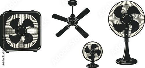Fan types vector set, box fan, ceiling fan, table fan, pedestal fan, air circulation, cad drawing flat vector illustration