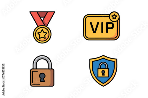 Security and Membership Icons for Website and Application Interface Design with Award and Protection Symbols