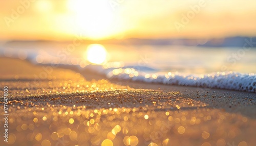 Golden Sunset Beach Sparkle Gentle Waves Wash Ashore Sand Reflecting Sunlight