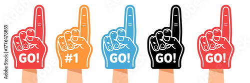 Colorful Foam Fingers Cheering with Go and Number One in Sports and Fan Support Illustration