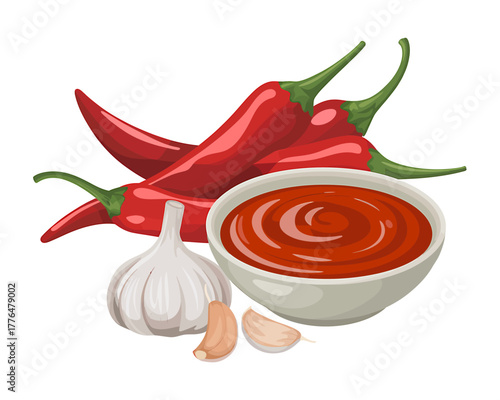 Spicy Chili Sauce with Fresh Red Peppers and Garlic Culinary Ingredients Still Life Composition