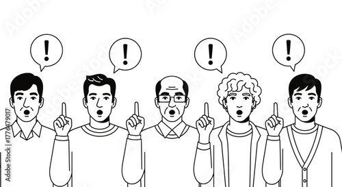 Group of men having an idea with exclamation point speech bubble editable vector