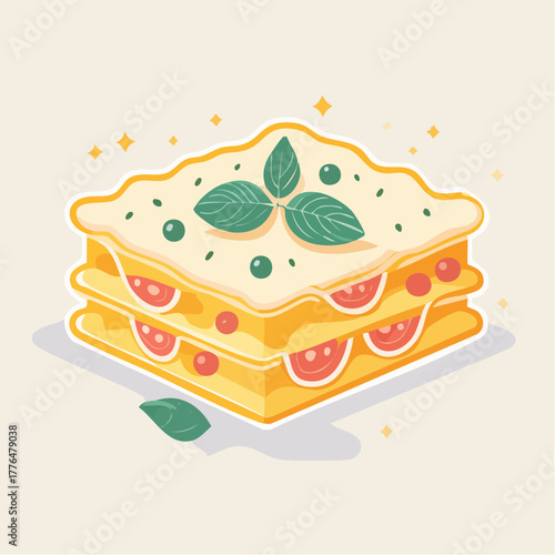 Pixel Art Lasagna With Tomato And Basil Topping On A Light Background