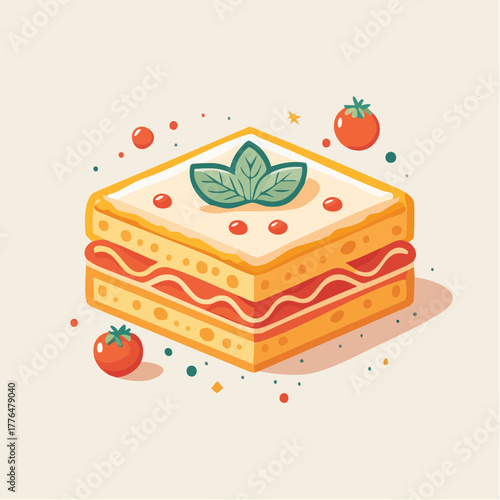 Square shaped layered pasta dish with tomato sauce cheese and basil topping in a flat illustration style