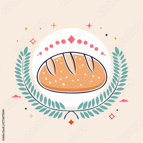 Artistic illustration of a round loaf of bread with a laurel wreath and festive sparkles on a light peach background