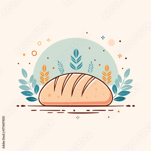 Golden Baked Loaf of Bread Surrounded by Stylized Wheat Stalks and Abstract Shapes in a Gentle Light